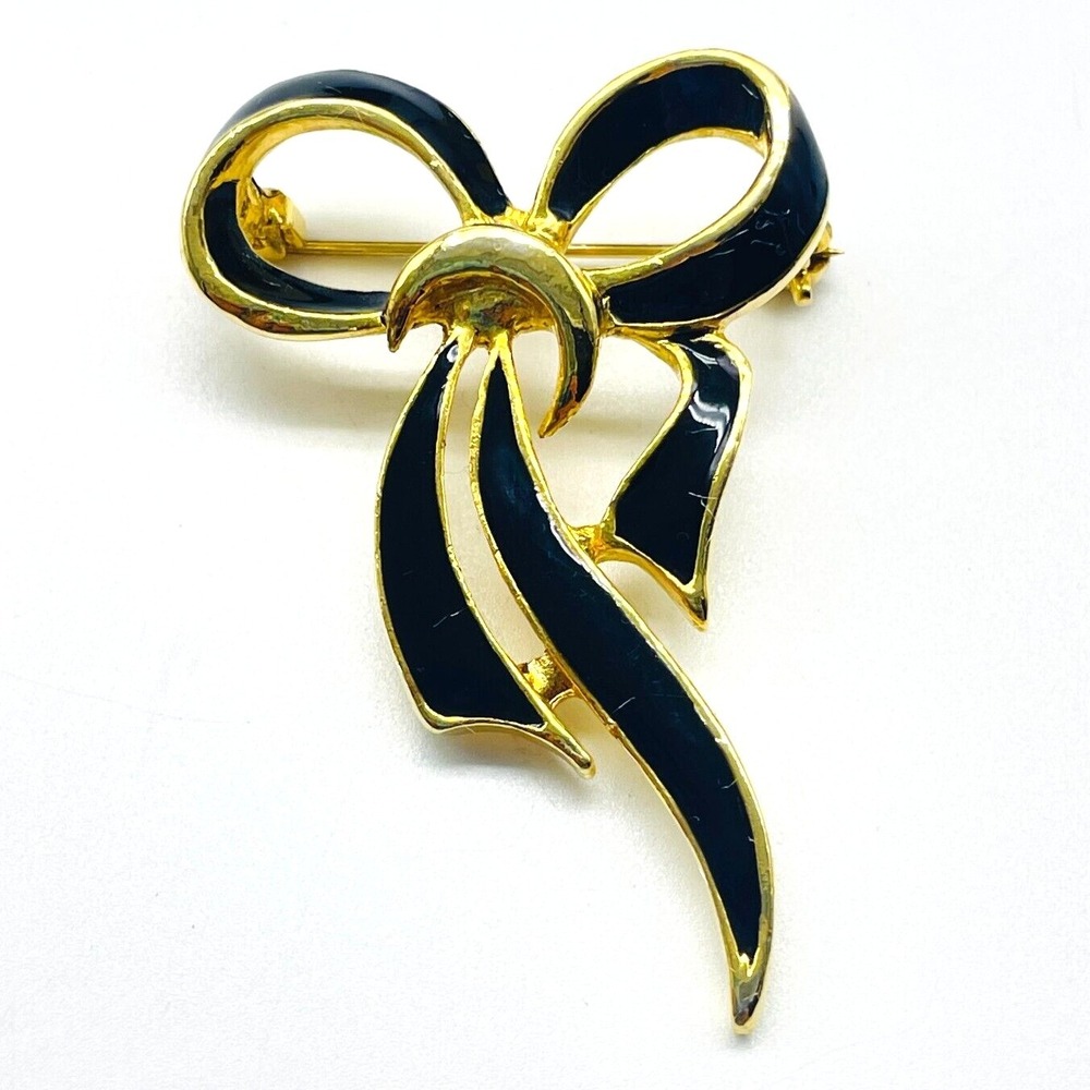 Vintage Black Enamel Bow Brooch Gold Tone Ribbon Fashion Statement Pin - Picture 1 of 6